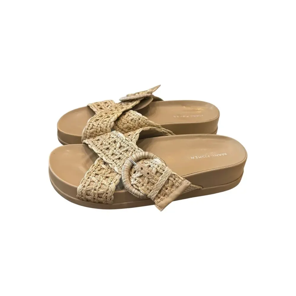 Marc Fisher Grayce Raffia Buckle Slide Sandals Beige 9.5M